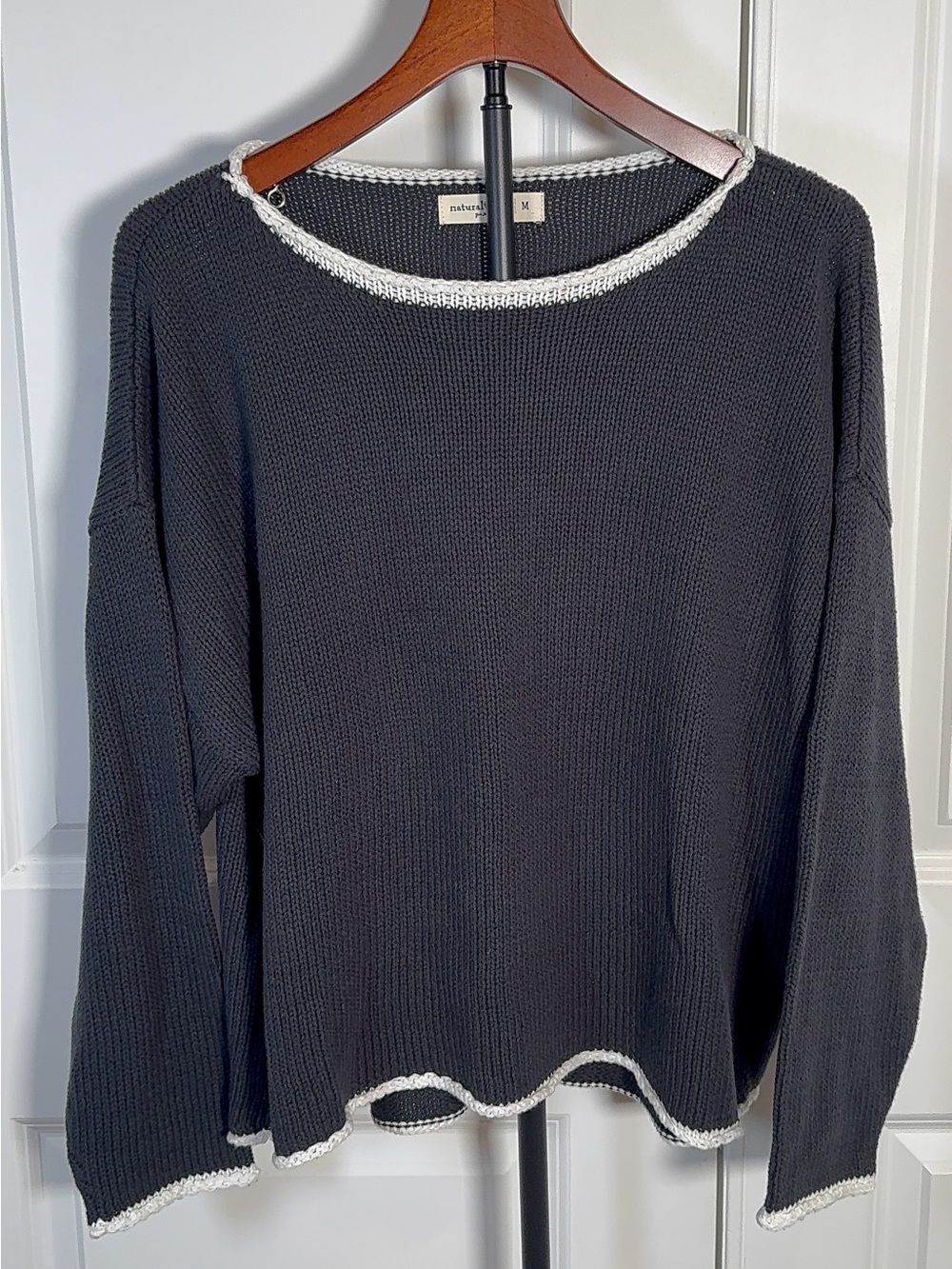 Natural Life Navy Blue Open Knit Sweater M Oversized Boho Crochet Trim Boat Neck